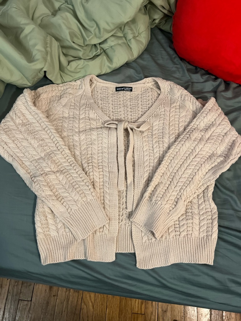 SHEIN Light Beige Cable Knit Tie-Front Cardigan